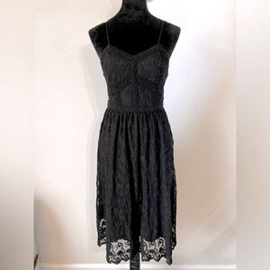 Black Midi Dress Medium Crochet Floral Mesh Lace Fairy Whimsigoth Corset Bodice